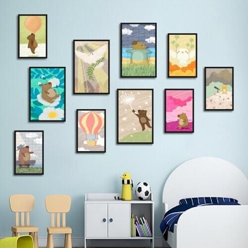 Cartoon Cute Animals Poster Bird Cat Bear Lion Kangaroo Giraffe Pictures Canvas Painting for Children Room Kindergarten Decor