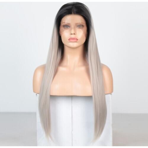 Ombre Gray Wig Long Straight Hair Synthetic Lace Front Wig Middle Part Cosplay Wigs Heat Resistant Wigs For Women