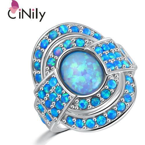 CiNily Vintage Blue Fire Opal Rings With Stone Silver Plated Luxury Large Bohemia BOHO Summer Cocktail Party Fully-Jewelled