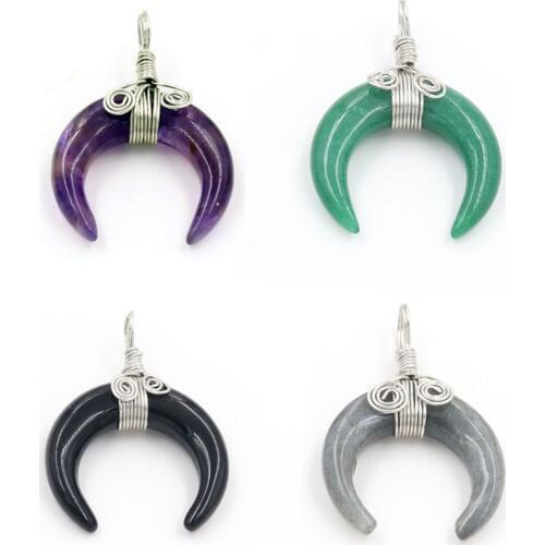 YJXP Wire Wrap Crescent Moon Pendants Horn Shape Reiki Amulet Natural Stones Purple Amethysts Pendant Jewelry Necklaces Fits