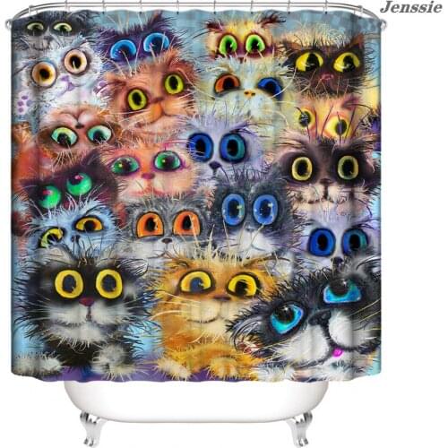 3D Printing Fried Hair Cat Shower Curtain Cartoon Big-eyed Cat Bath Curtain Waterproof Polyester Bath Screen Bathroom Decoration