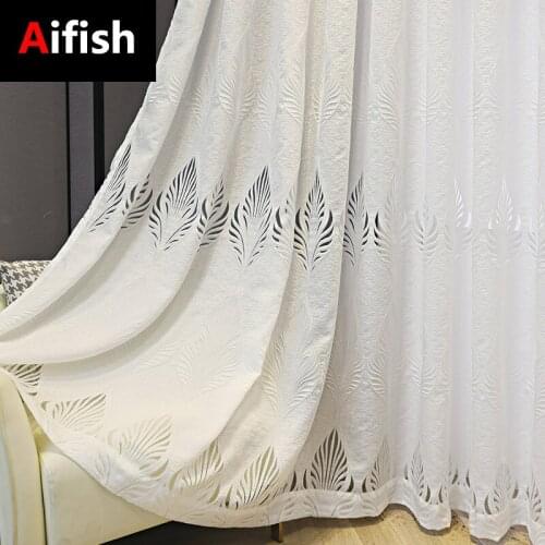 Modern Minimalist Style Window Screening White Hollow Jacquard Vertical Curtain Embroidered Tulle Living Room Drape #35