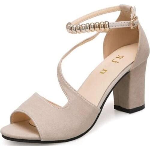 2020 spring sexy fish mouth hollow Roman sandals thick with a word with beaded high heels female summer Sexy female sandals