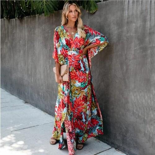 Newest Women Bohemian Dress Half Length Bats Sleeve Summer Beach Wrap Dress Tunic Fashion Beachwear Maxi Dress Vestidos K1306