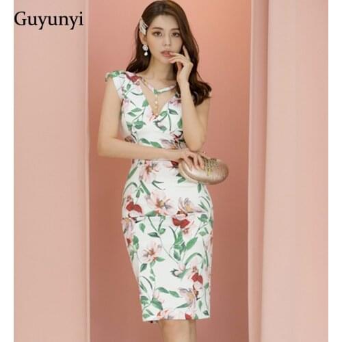 Floral Office Lady Dress 2021 Summer Fashion Party Elegant Dress Simple V-Neck Sleeveless High Waist Tight Dress Women
