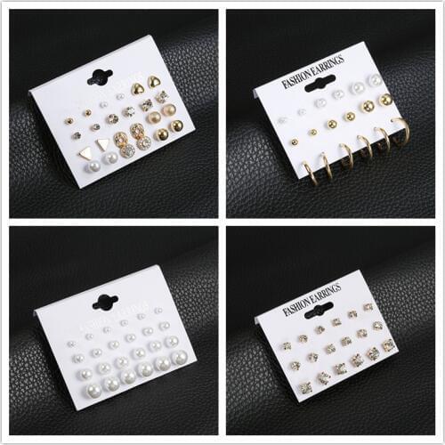 12 Pair/set Women Crystal Heart Earrings Drop Warrings For 2020 Statement Pearl Flower Earrings