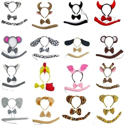 16set Kids Adult Animal Ear Headbands Cosplay Props Birthday Theme Party Costume Ears Tail Tie Bow 3pcs set Cat Frog Tiger Dog