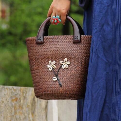 26x20CM Original Thailand Straw Bag Rattan Straw Bag Handbag Retro Vacation Women Wooden Handle Handbag Bucket Bag a6115