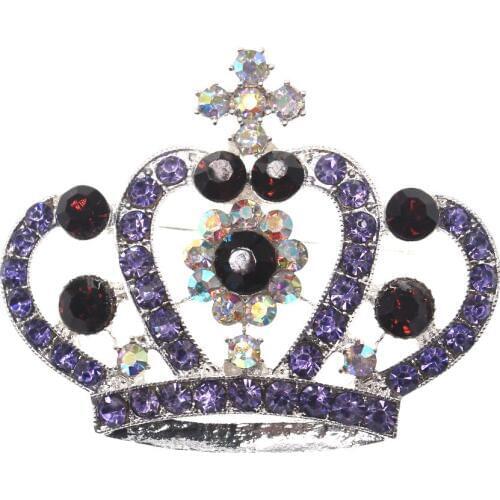 100pcs/lot 50*45mm Royal Crown Brooch Pin Silver Tone Purple Synthetic Crystal Rhinestone Design Pins Romantic Fashion Jewelry