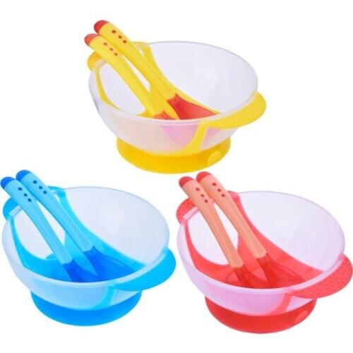 Baby Food Bowl Learning Dishes Feeding Bowl Set 3pcs Assist Bowl +Temperature Sensing Spoon+ Fork Baby Tableware Solid Feeding