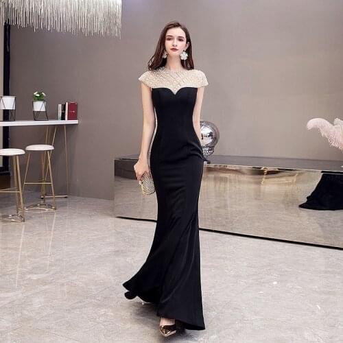 Black Mermaid Evening Dresses 2021 Luxury Beading Crystal Cap Sleeve Satin Formal Party Women Guest Prom Gowns Long New Elegant