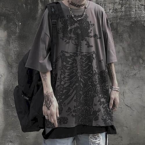 Summer half-sleeved tshirts tops dark high street gothic skull rose print loose short-sleeved T-shirt men and women streetwear