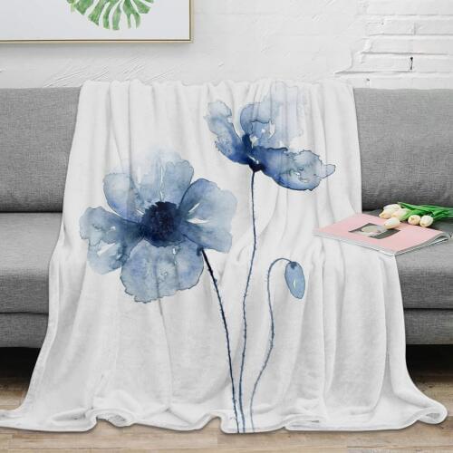 Blue Watercolor Poppies Throw Blanket Warm Microfiber Blanket Flannel Blanket For Bedroom