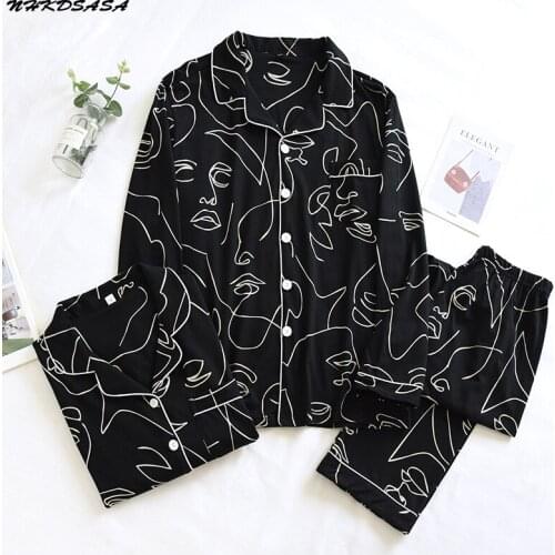 Cotton Knitted Pajama Set Women Long Sleeve Nightwear Autumn Turn-down Collar Cute Printing Pajamas Men Loungewear Sleepwear