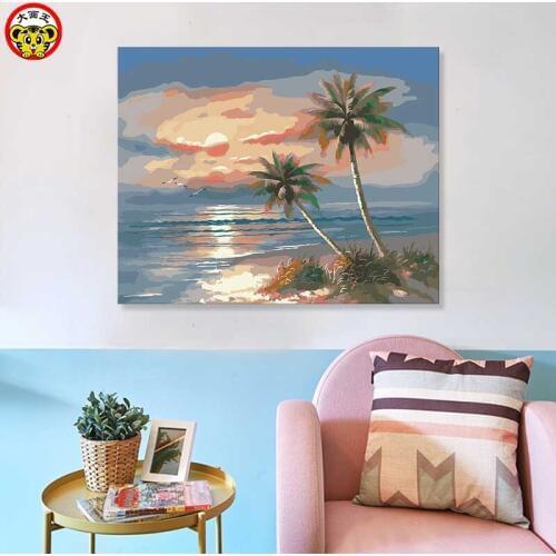 Painting by numbers art paint by number Summer beach and sea landscape painting Drawing coloring by frame with on canvas
