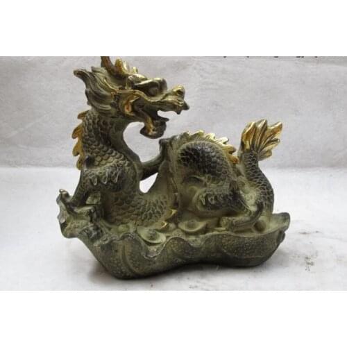 China Folk old Classic Bronze Gilt Lucky Feng Shui lotus leaf Dragon statuary