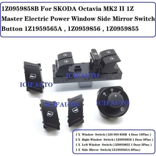 1Z0959858B For SKODA Octavia MK2 II 1Z Master Electric Power Window Side Mirror Switch Button 1Z1959565A , 1Z0959856 , 1Z0959855