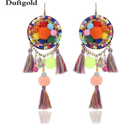 Bohemian Colorful Long Tassel Women Fashion Pom Pom Drop Earring Jewelry Ethnic Accessories Dangle Earrings For Women Duftgold
