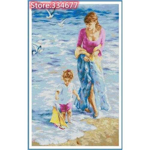 Mother and Daughter by the Sea kid Cross Stitch Kits Needlework 14CT Unprinted Embroidered Top Quality DIY Handmade Decoration