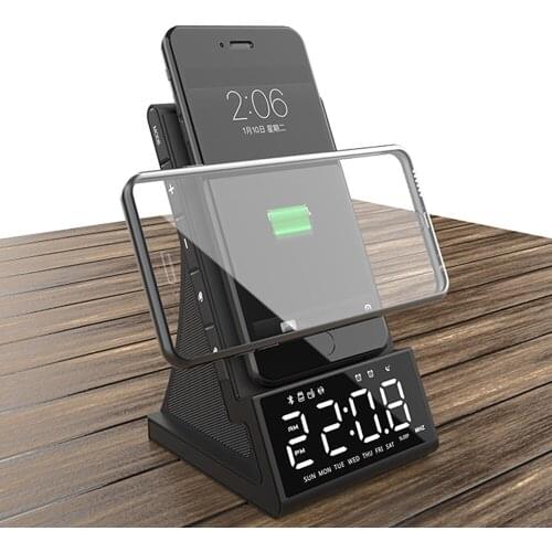 3 in 1 Multi-purpose Wireless Charger Alarm Clock Bluetooth Speaker LED Smart Digital Clock Table Desktop FM Radio Fast Charger