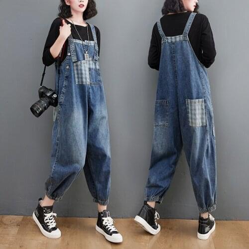 Fashion Autumn Denim Jumpsuits Female Fashion Patchwork Plaid Pocket Strap Bleached Jeans Long Pants Washed Overalls Rompers New