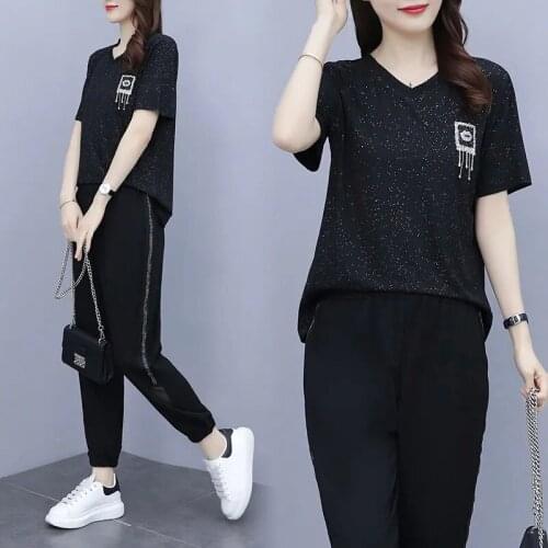 L-5XL Large Size Tracksuit Women Two Piece Set Summer Clothes Sequins Short Sleeve V-Neck T-Shirt and Pants Suits Casual Outfits