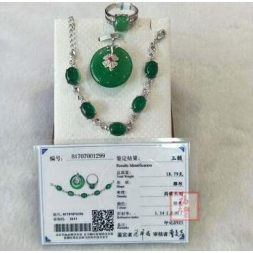 Natural green chalcedony safety button ring pendant bracelet three pieces authentic