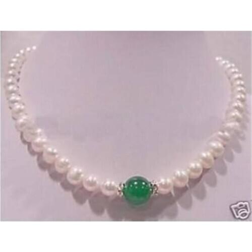 NEW 7-8MM REAL Freshwater WHITE PEARL & 10MM NATURAL GREEN JADE BEADS NECKLACE 18"