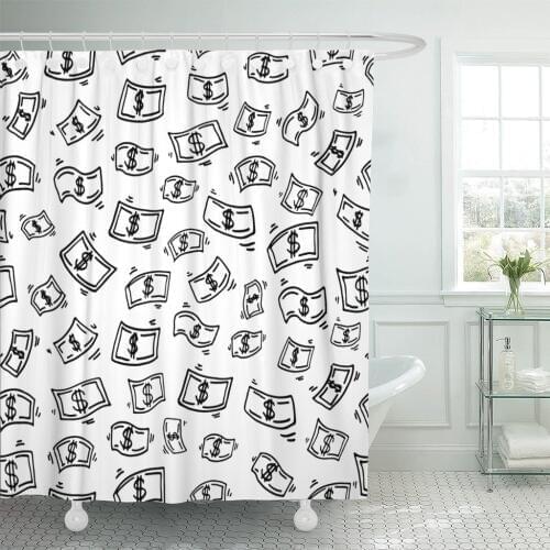 Falling with Funny Doodle Money Rain Cash Bathroom Curtain Waterproof Polyester Fabric 72 x 72 Inches Set with Hooks