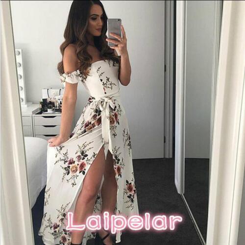 Bohemian Women Floral Print Summer Spring Slash Neck Backless Strapless Sexy Dresses Femme Vestidos Beach Dress Laipelar