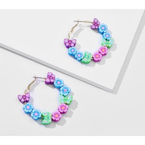LUNA CHIAO Women Fashion Jewelry Clay Flower Butterfly Big Hoop Earrings