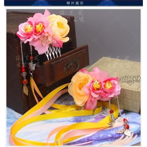 Cloth Flower with Long Ribbon or Tassel Cosplay Hair Accessory Handmade Hair Comb for Hanfu Costume Accessory