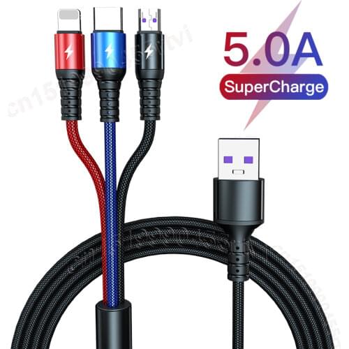 Super Charge 3 in 1 USB Cable for Huawei for iPhone 12 11 Pro Max 3in1 2in1 Fast Charge 8 Pin Micro USB Type C Cable for Samsung