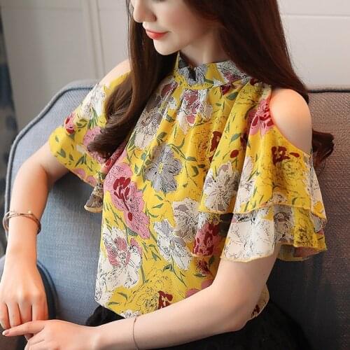 Women Blouse Chiffon Shirt Loose Strapless Short Sleeve Fashion Floral Top Summer 2021