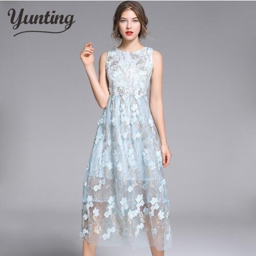 Women 2019 Summer Sleeveless Lace embroidery Dress Hollow Out Blue O-Neck stitching Runway Vintage Female Sexy Party Dresses