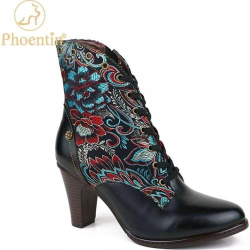 Phoentin retro ladies shoes real leather embroidery ethnic boot luxury female flower print lace up western boots with zip FT1245