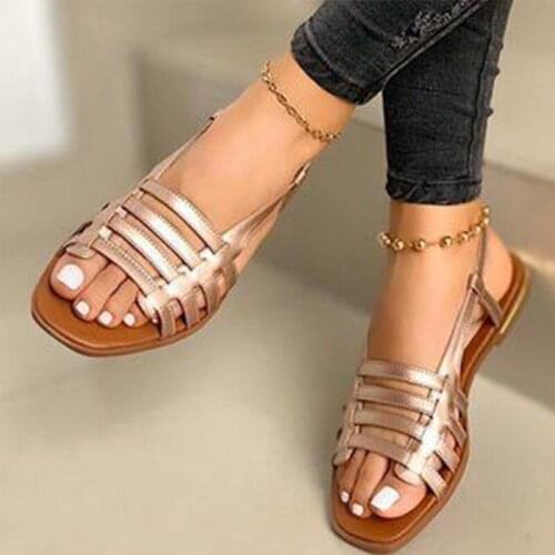 Women Sandals Womens Gladiator Elastic Band Casual Flats Woman PU Leather Flat Ladies Outdoor Female Beach Shoes Plus Size 43