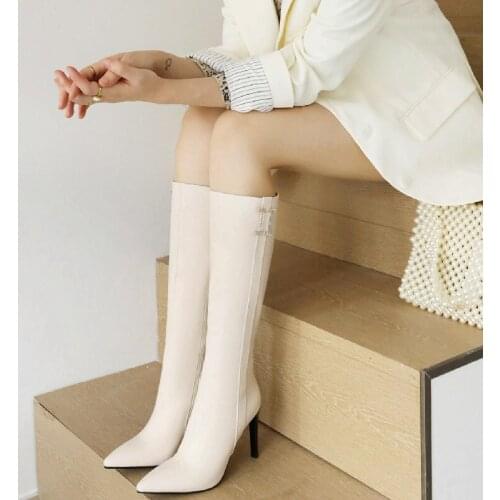 Women Faux Leather Knee High Boots Pointed Toe Thin Heel Boot Slip on Party Club Winter Ladies Footwear Stiletto Botas Mujer 43