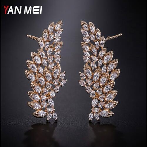 YANMEI CZ Feather Stud Earrings For Women Rhinestone Luxury Earring Fashion Jewelry YME8075