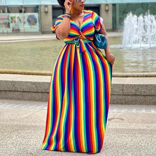 Plus Size African Skirt Sets for Women Fashion New Africa 2021 Summer Tops & Long Skirt Floor Length Striped Print Elegant Cloth