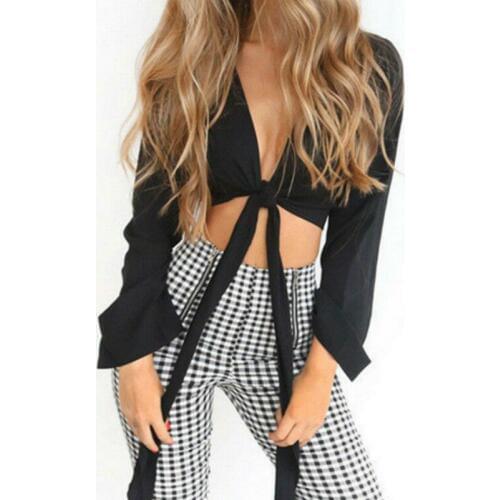 Women Summer Casual Flare Sleeve Cropped Blouse Lady Girls Bandage Sexy V-neck Blouses Crop Top Shirt
