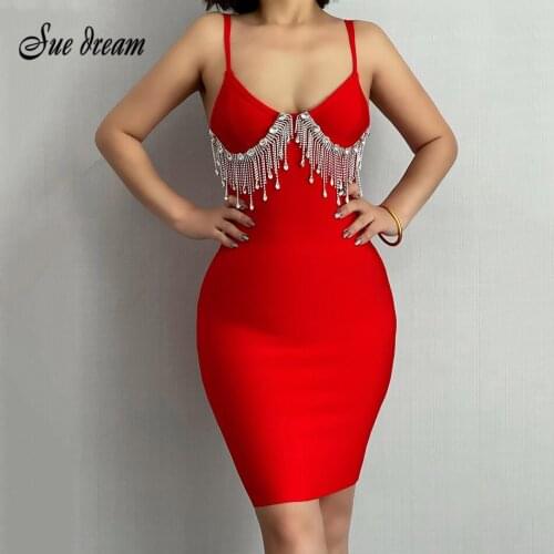 2021 New Womens Rhinestone Tassel Diamond V-Neck Bandage Dress Mini Sexy Spaghetti Elegant Vestidos Celebrity Party Dress