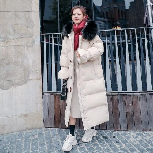 Winter White Duck Down Womens Cotton Coat 2021 Hooded Large Fur Collar Korean Loose Solid Color Long Under The Knee Jacket