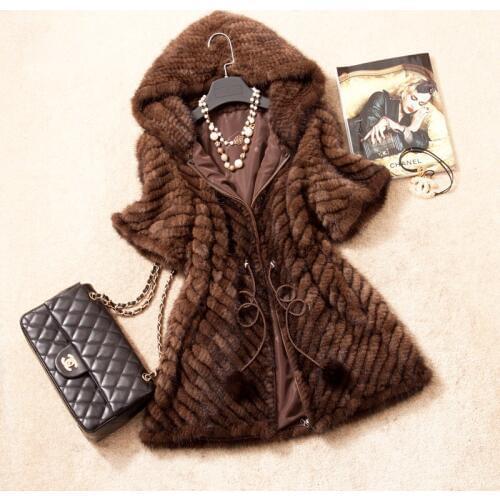 2017 Luxury Ladies' Real Knitted Mink Fur Coat Jacket with Hoody Lining Autumn Winter Women Fur Outerwear Coats Overcoat VF1085