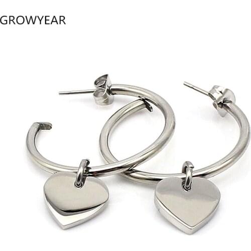 Silver Color Cuff Round Hoop Earrings With Heart Pendent Hanging Earring for women Jewelry stainless steel