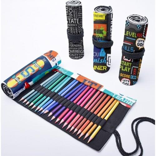 Fashion Letter Printed Roll Pencil Case 12/24/36/48/72 Holes Student Canvas Storage Bag Girls School Painting Stationery Pen Bag