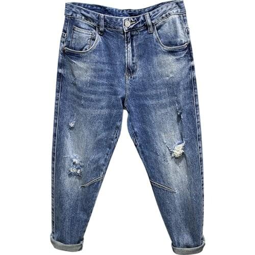 Ripped Jeans Men Light Blue Stretch Capris Pants Distressed Casual Harem Pants Vintage Hip Hop Ankle Length Trousers Jeans Brand