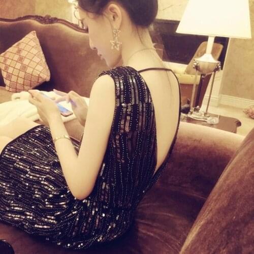 Elegant Backless A-line Sequins Sleeveless Fashion Beading Round Neck White Black Sexy Chiffon Party Cocktail Dress 6780