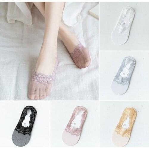 Lace Invisible Boat Socks Nylon Women Slipper Breathable Cotton Sole Silicone Soft Non Slip Summer Fashion Female No Show Socks