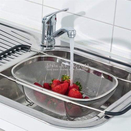 Kitchen Tools Retractable Drain Basket Rubber Grip Handles Stainless Steel Oval Colander Sink Vegetables Draining Rack